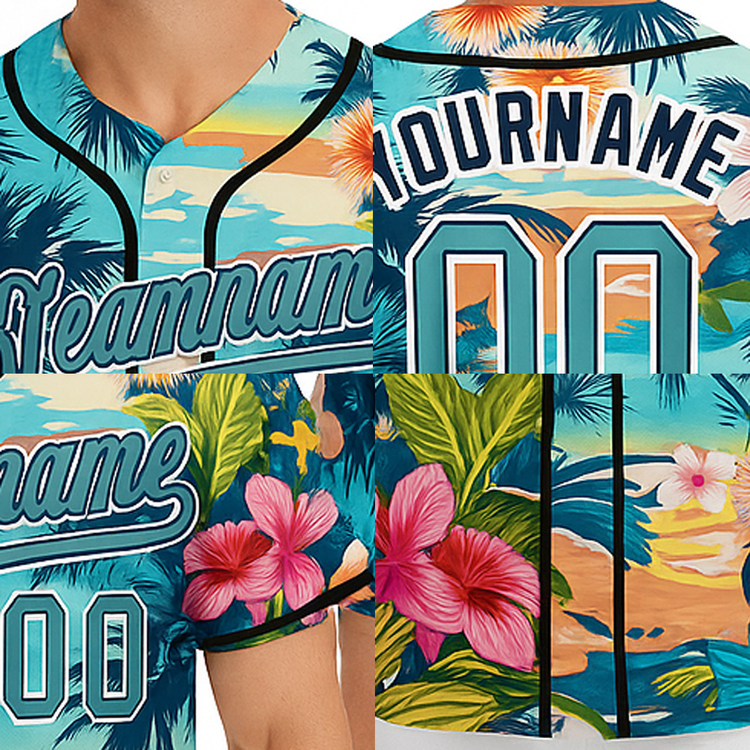 Custom Teal & White Hawaii Palm Leaves And Flowers 3D Pattern Baseball Jersey