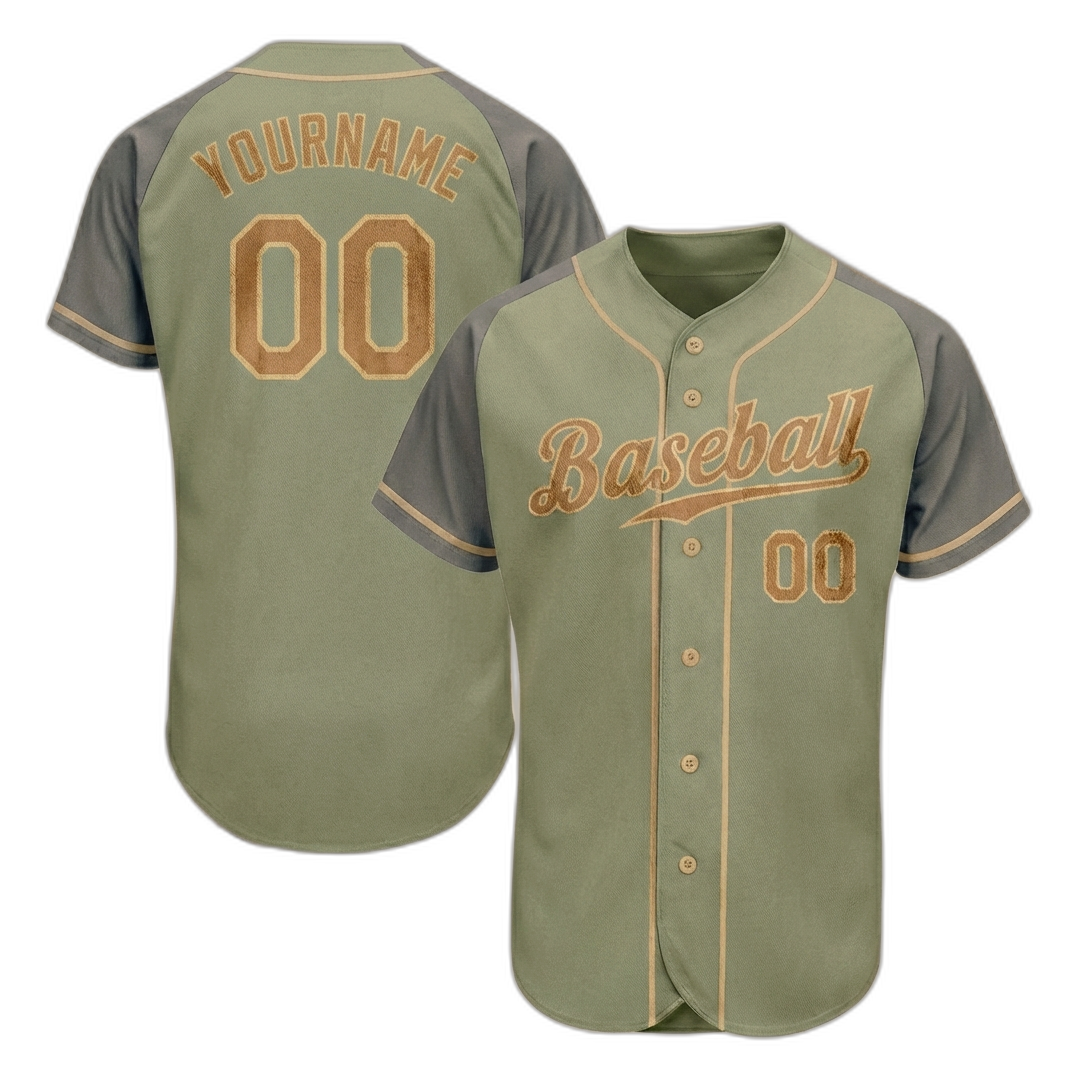Custom Green & Grey/Brown Raglan Sleeves Baseball Jersey