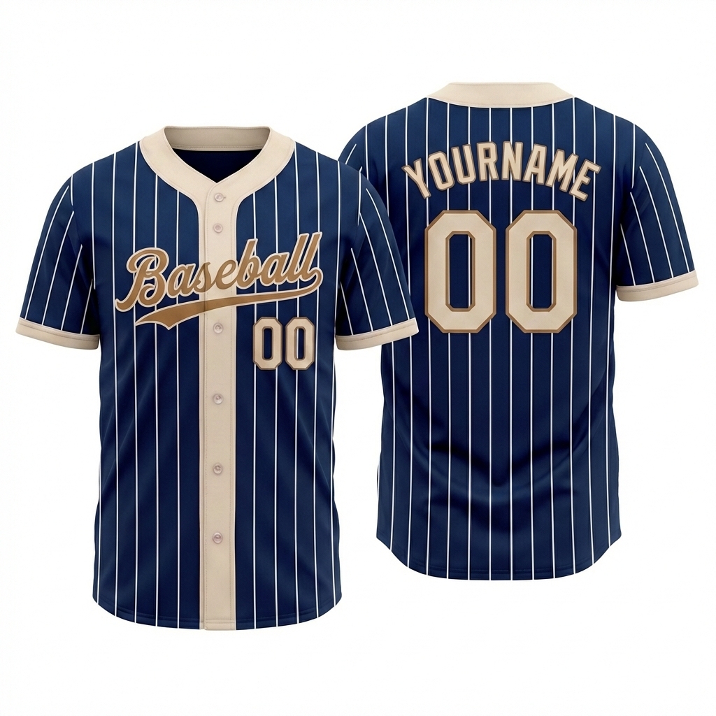 Custom Navy & Cream/Gold Pinstripes Baseball Jersey