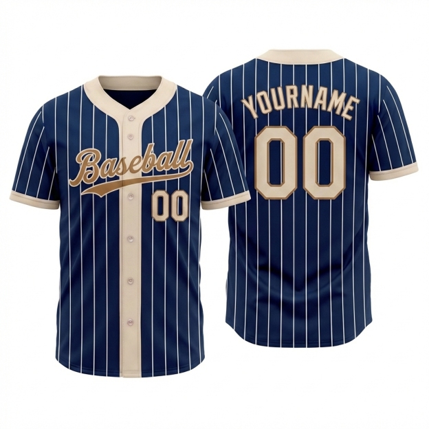 Custom Navy & Cream/Gold Pinstripes Baseball Jersey