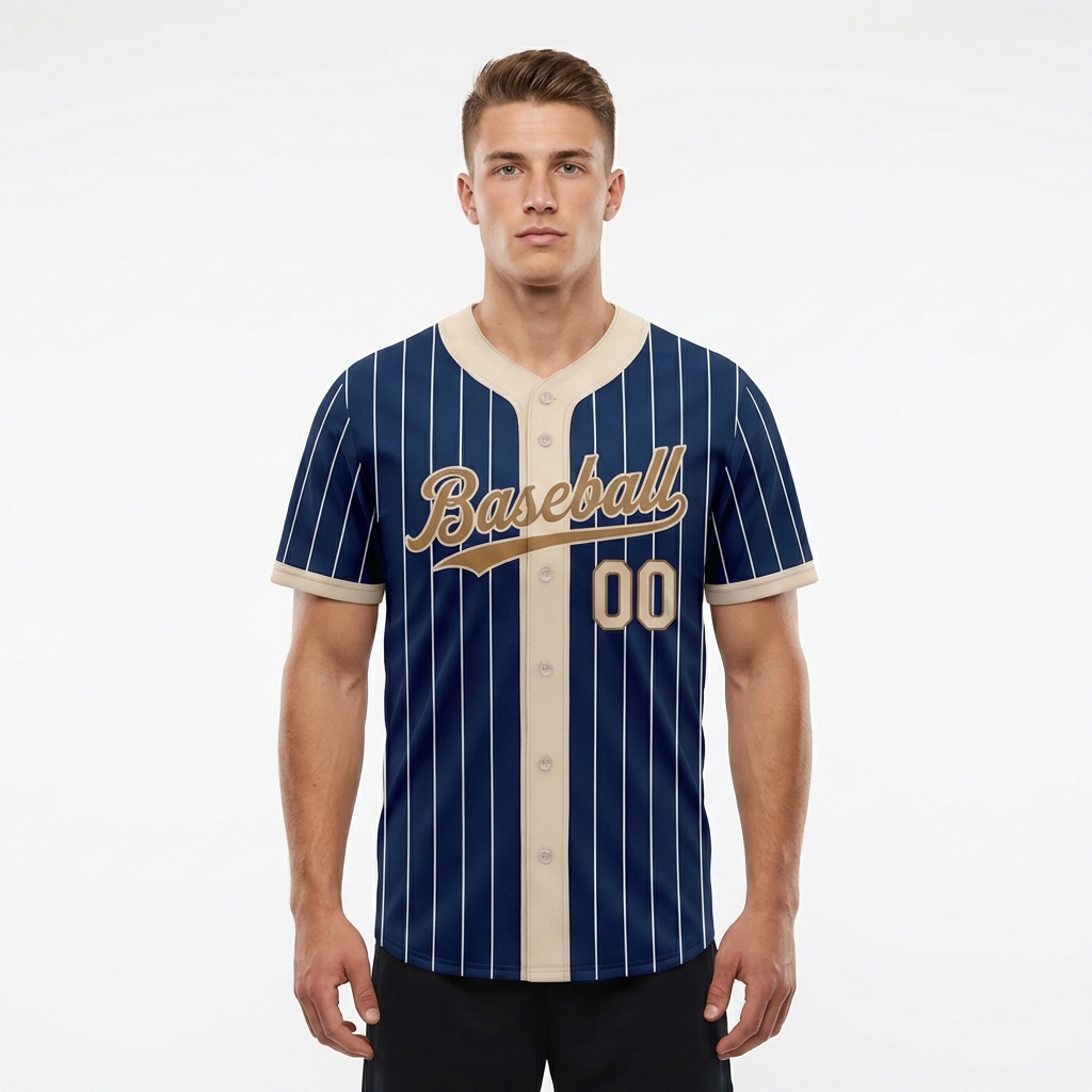 Custom Navy & Cream/Gold Pinstripes Baseball Jersey