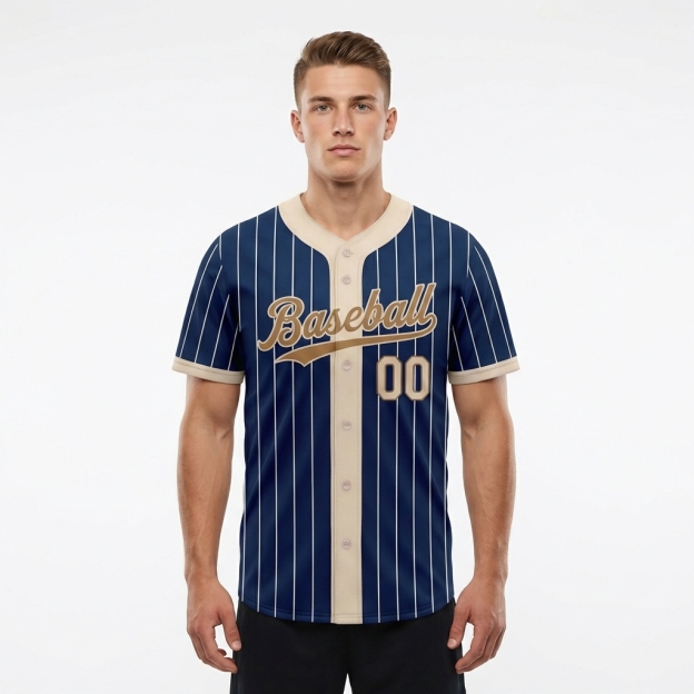 Custom Navy & Cream/Gold Pinstripes Baseball Jersey