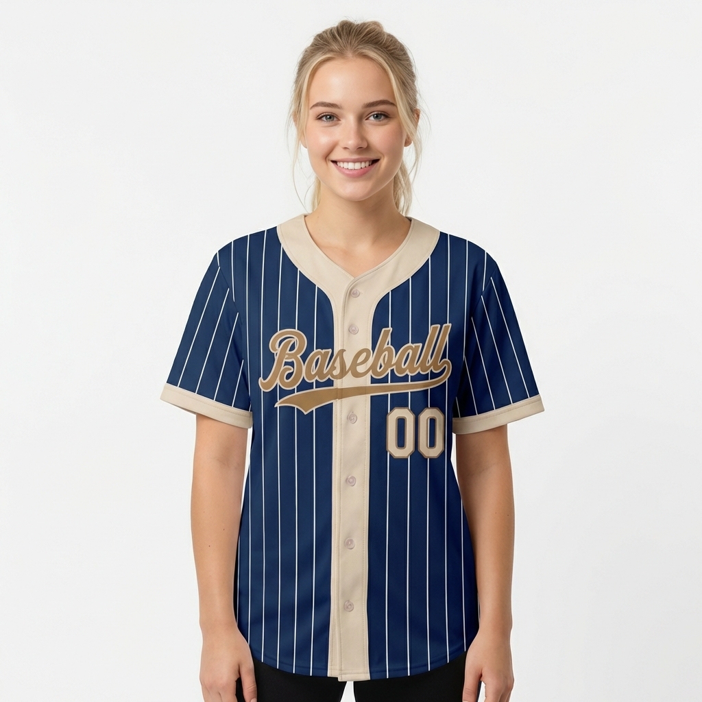 Custom Navy & Cream/Gold Pinstripes Baseball Jersey