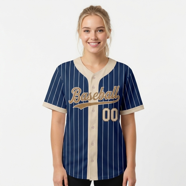 Custom Navy & Cream/Gold Pinstripes Baseball Jersey