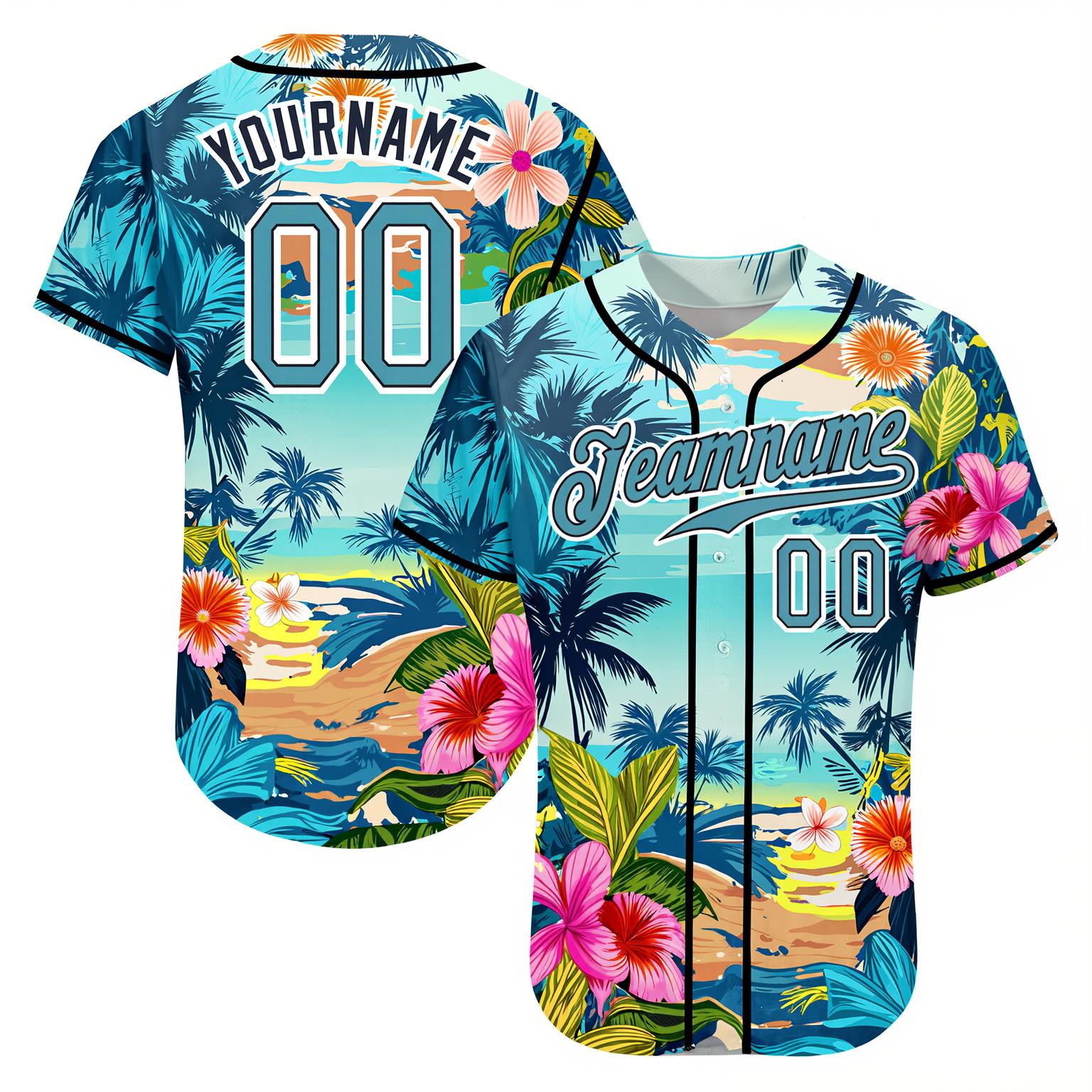 Custom Teal & White Hawaii Palm Leaves And Flowers 3D Pattern Baseball Jersey
