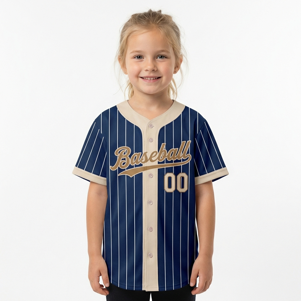 Custom Navy & Cream/Gold Pinstripes Baseball Jersey