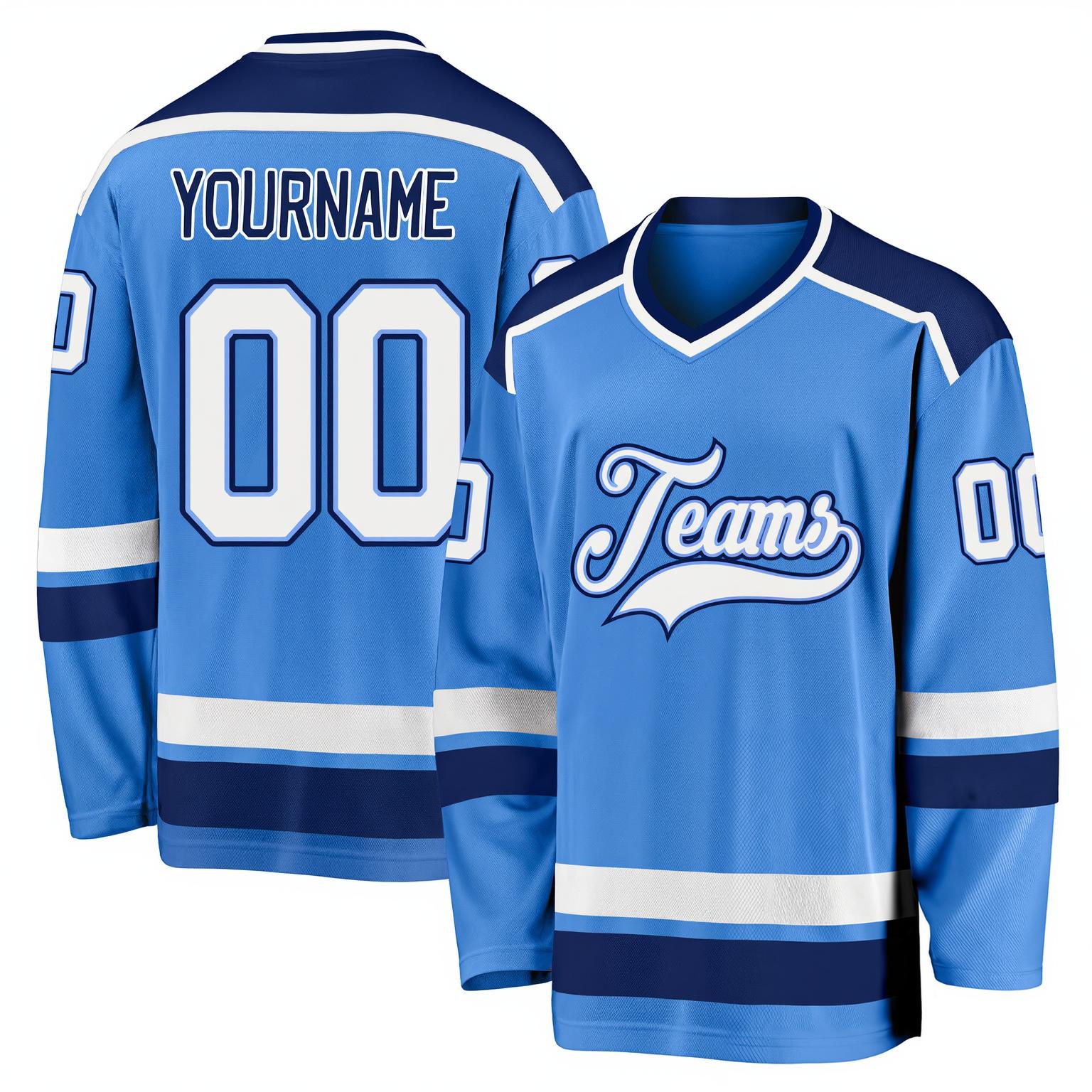 Custom Sky Blue & White/Navy Hockey Jersey
