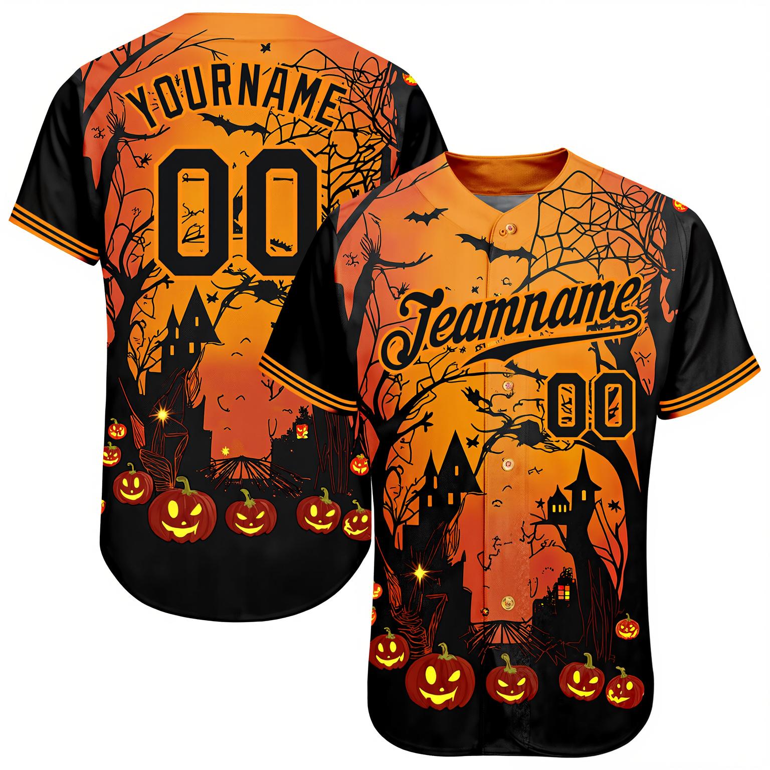 Custom Orange&Black 3D Pattern Halloween Pumpkins Bats Baseball Jersey