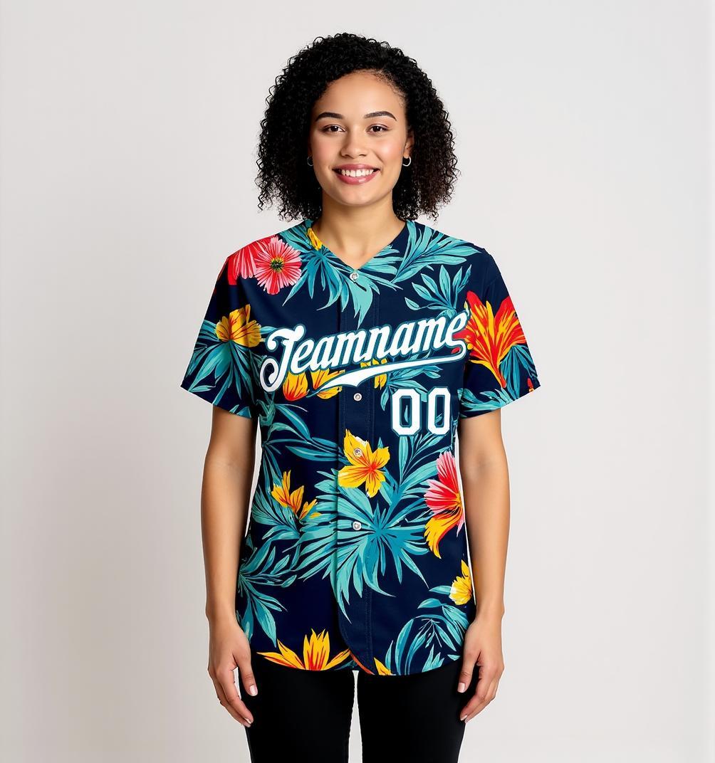 Custom Teal & White/Navy Hawaii Palm Leaves And Flowers 3D Pattern Baseball Jersey
