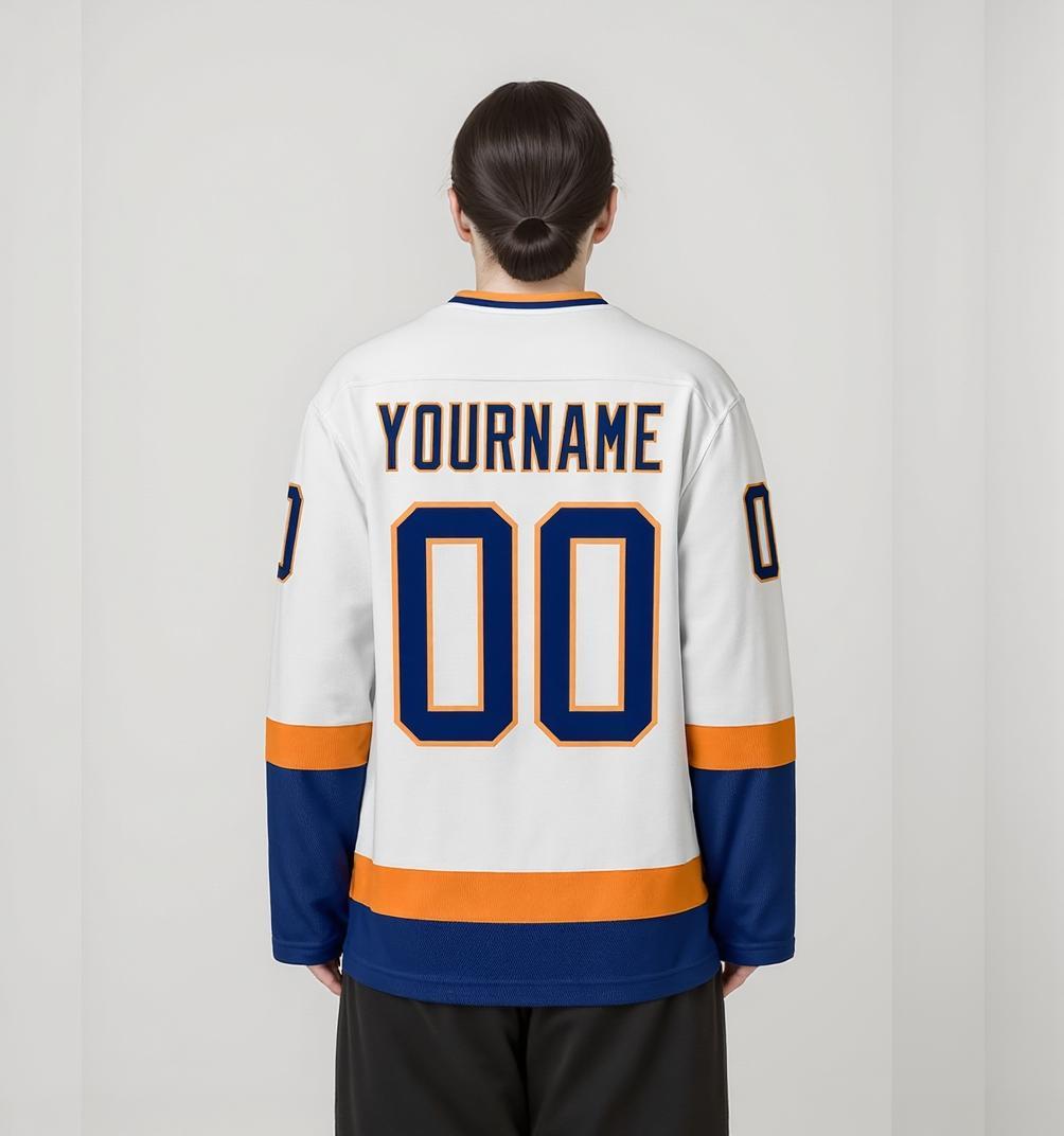 Custom White & Navy/Orange Hockey Jersey