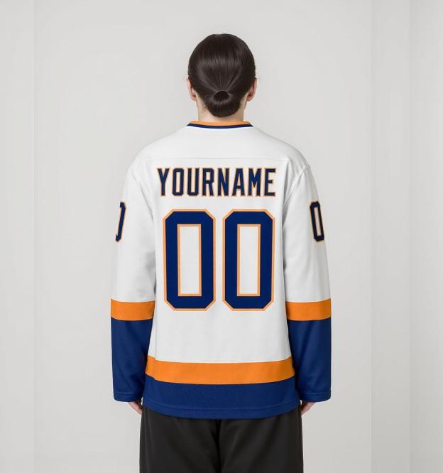 Custom White & Navy/Orange Hockey Jersey