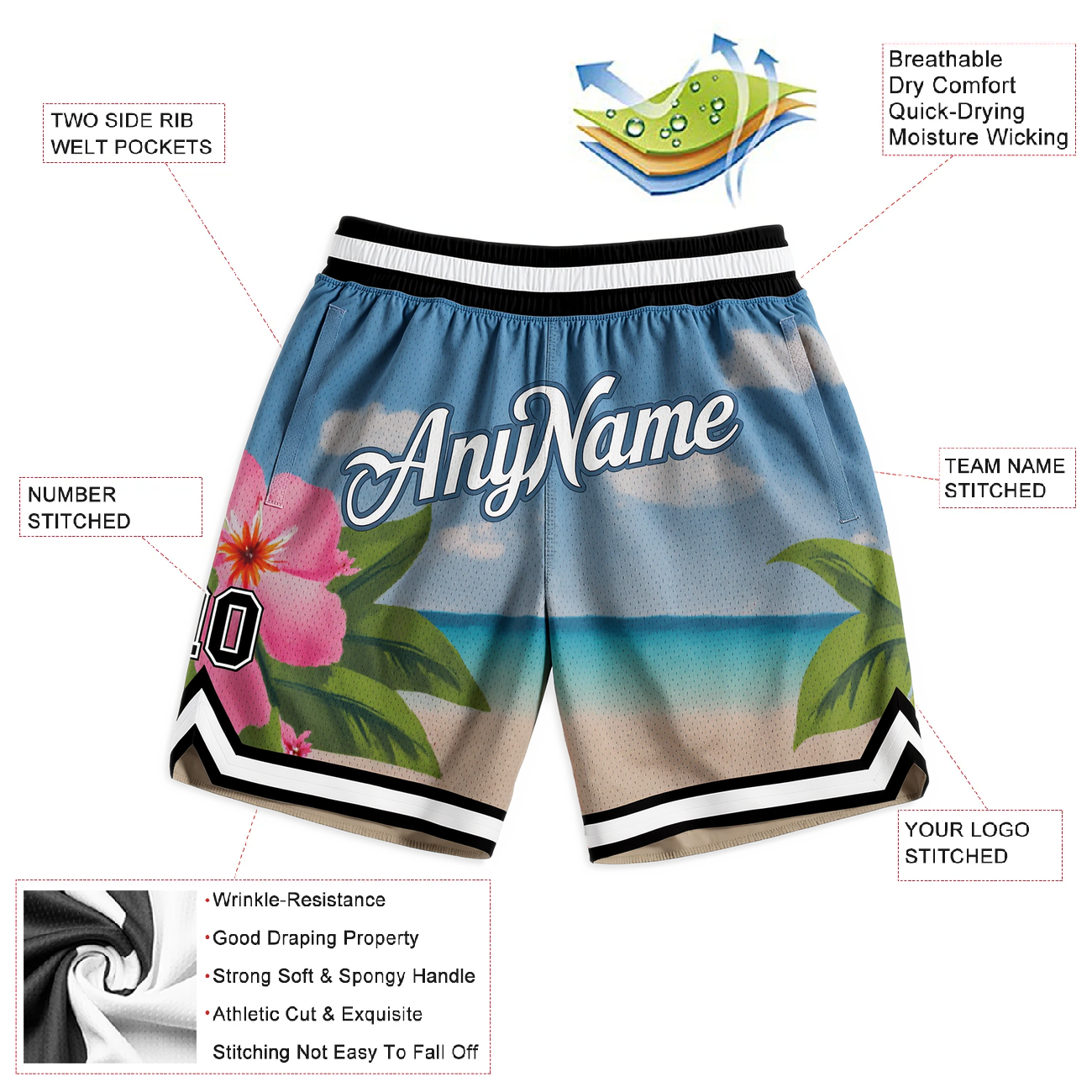 Custom 3D Pattern Lake Blue & White/Teal Hawaii Throwback Shorts