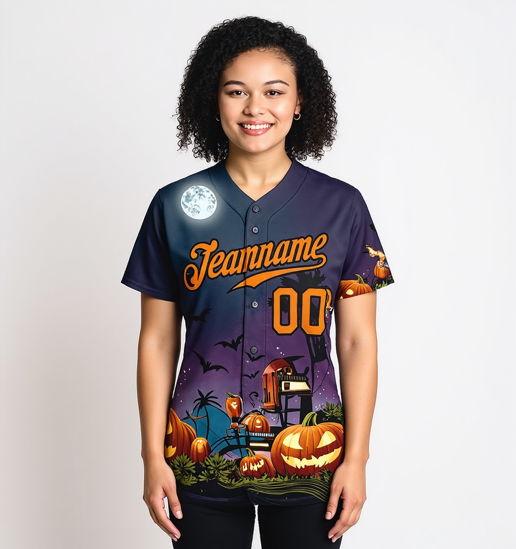 Custom Navy & Orange/Black 3D Pattern Halloween Pumpkins Bats Baseball Jersey