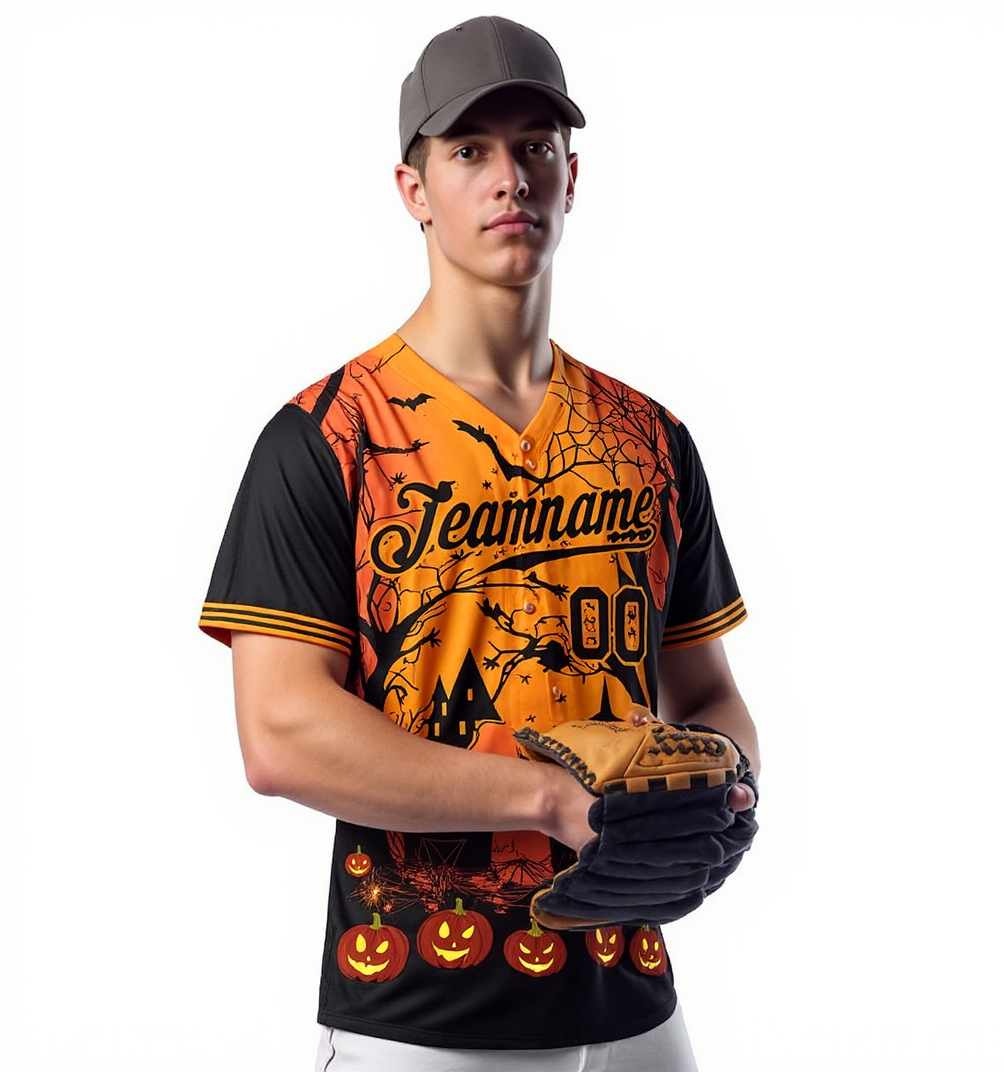 Custom Orange&Black 3D Pattern Halloween Pumpkins Bats Baseball Jersey