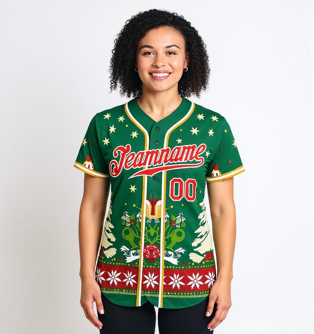 Custom Green & Red/White Christmas 3D Pattern Baseball Jersey