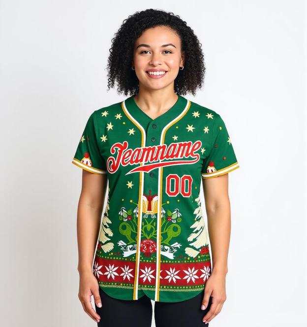 Custom Green & Red/White Christmas 3D Pattern Baseball Jersey