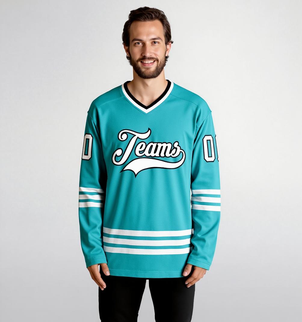 Custom Aqua & White/Navy Hockey Jersey
