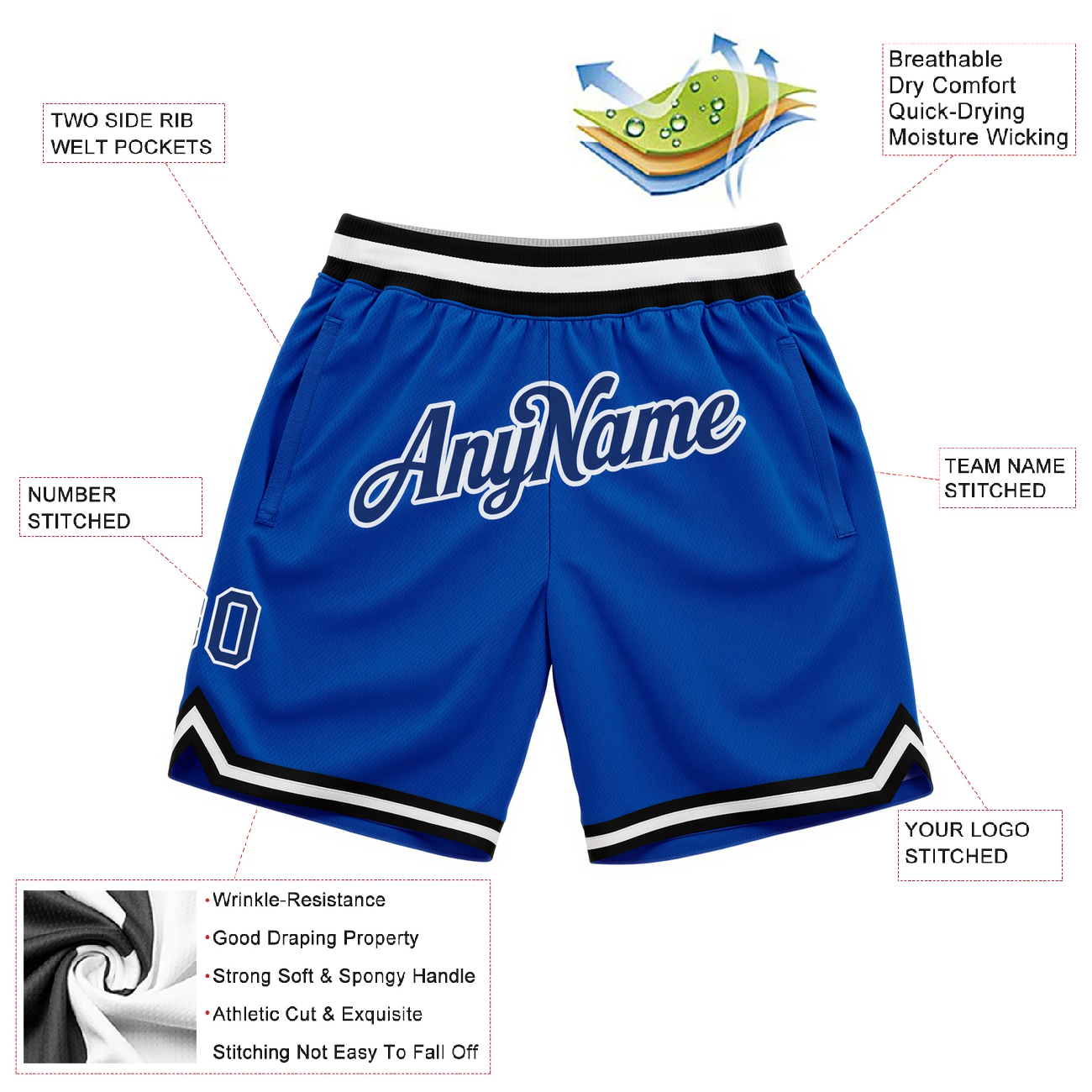 Custom Royal Blue & White/Black Throwback Shorts