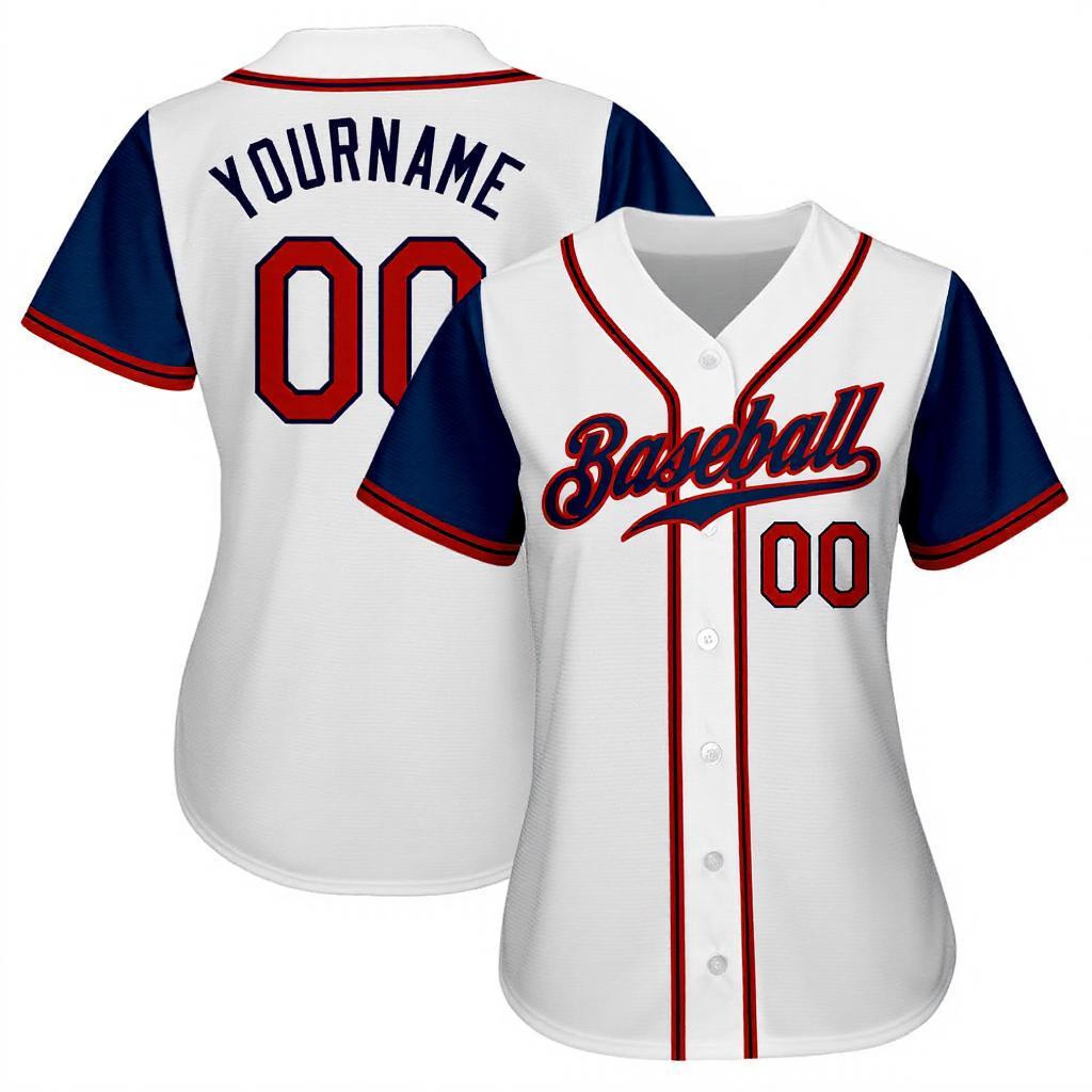 Custom White & Red/Navy Raglan Sleeves Baseball Jersey