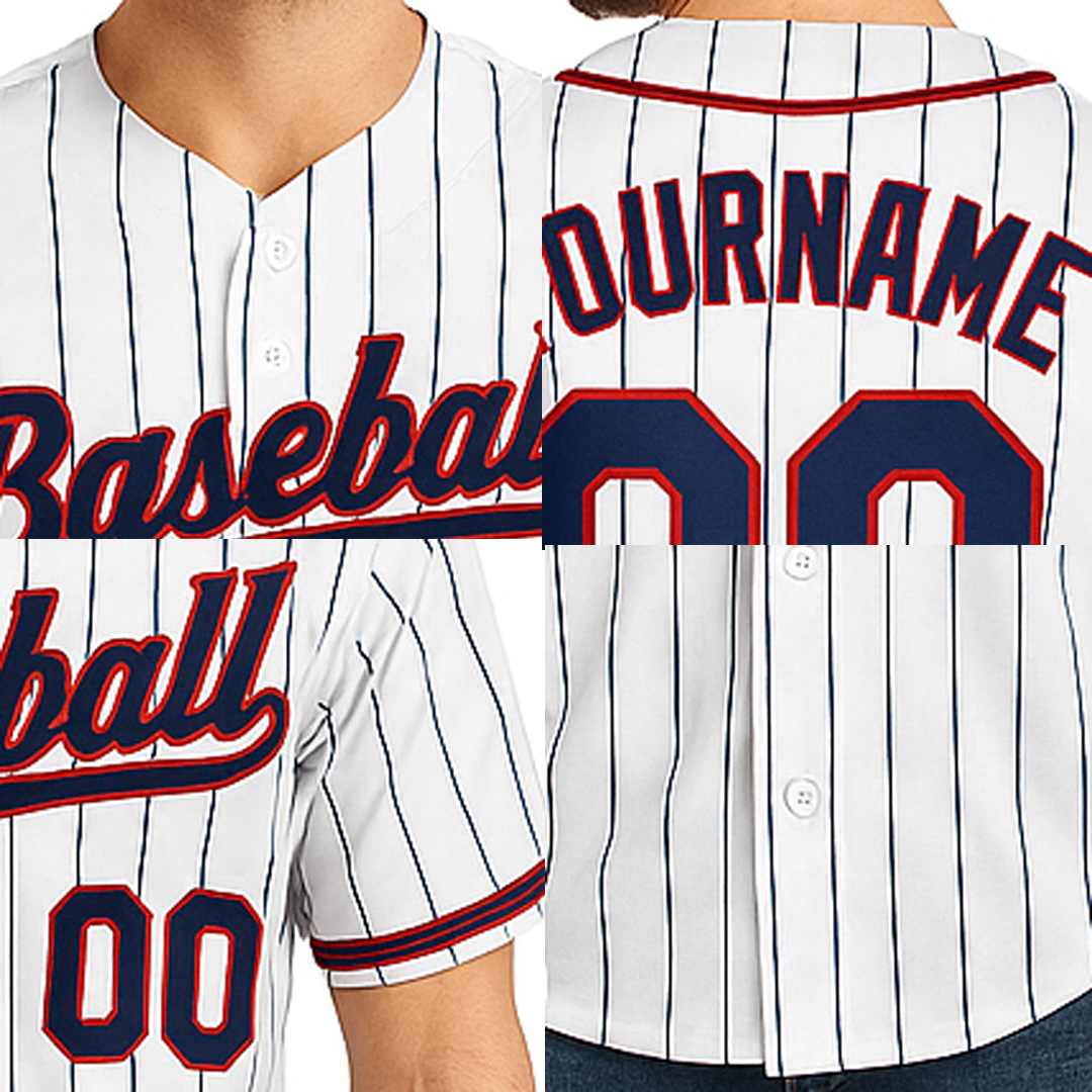 Custom Blue Pinstripes White&Navy Baseball Jersey