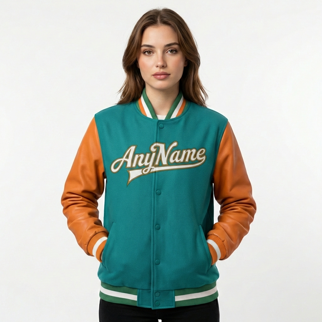 Custom Aqua & Orange/White Full-Snap Raglan Sleeves Fleece Jacket