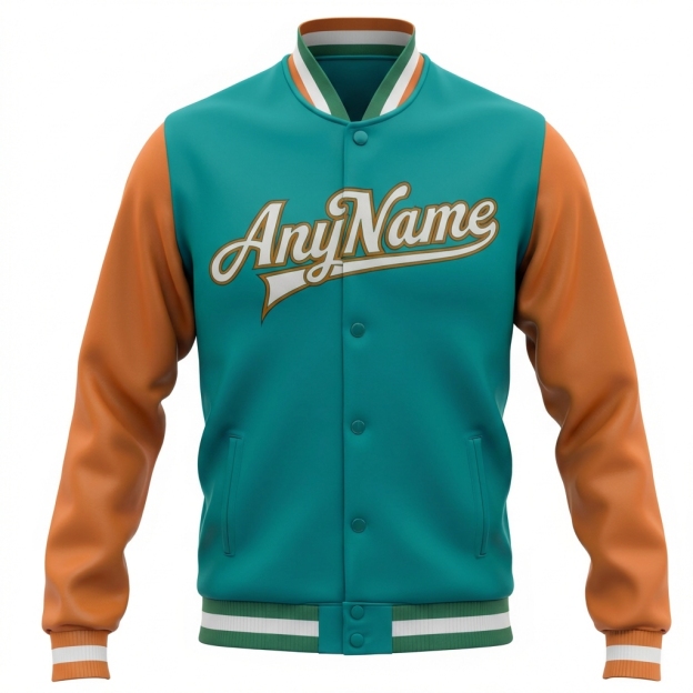 Custom Aqua & Orange/White Full-Snap Raglan Sleeves Fleece Jacket