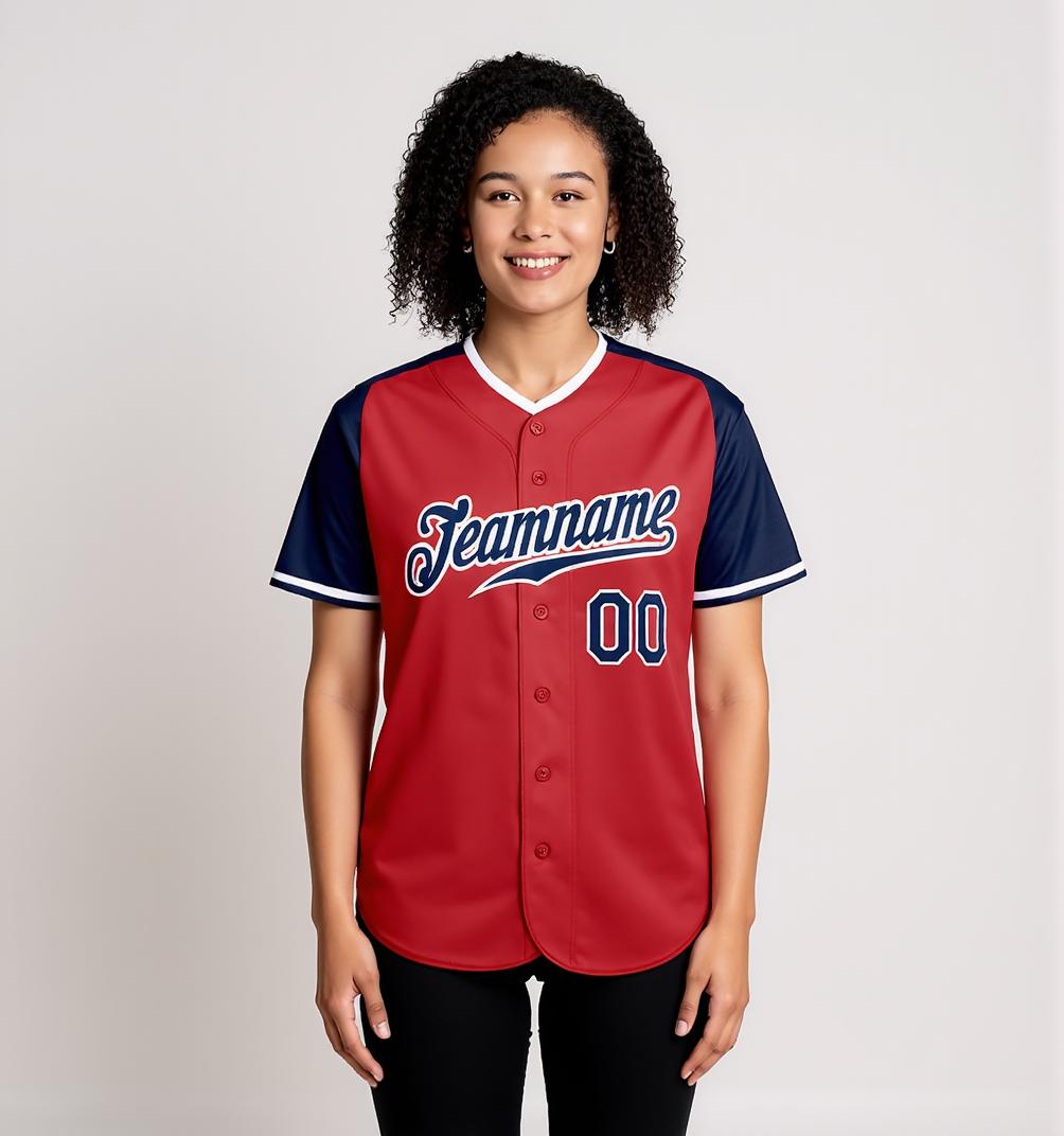 Custom Red & White/Navy Raglan Sleeves Baseball Jersey