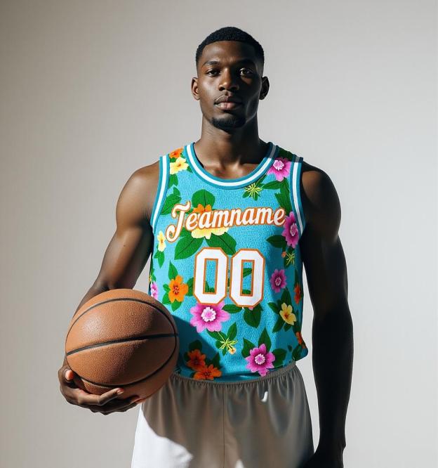 Custom 3D Pattern Aqua & White/Yellow Hawaii Flowers Basketball City Edition Jersey