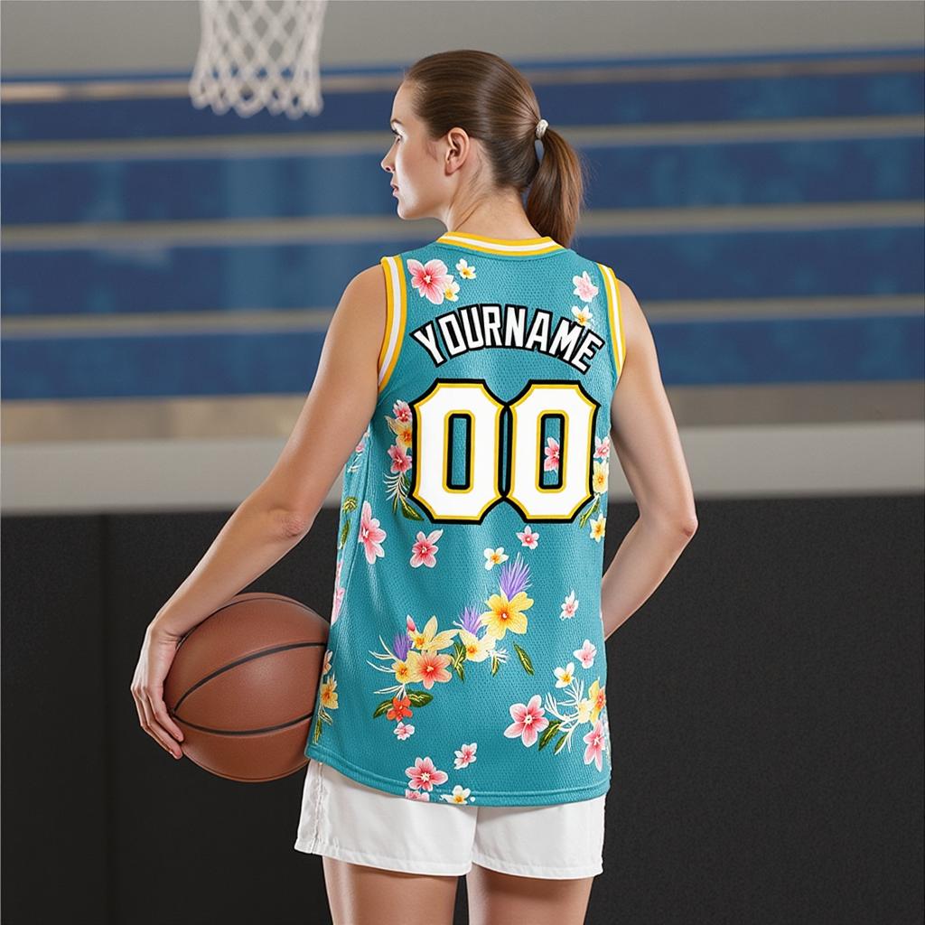 Custom 3D Pattern Aqua & White/Black Hawaii Flowers Basketball City Edition Jersey