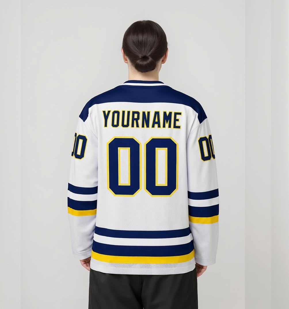 Custom White & Navy/Yellow Hockey Jersey