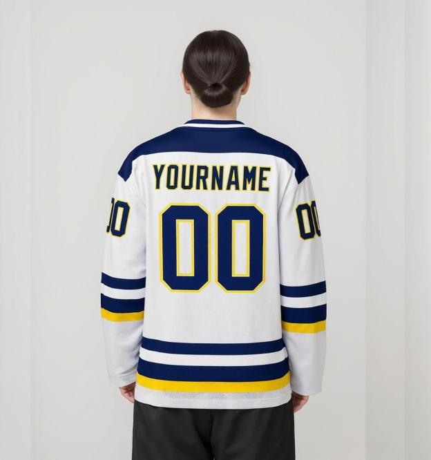 Custom White & Navy/Yellow Hockey Jersey