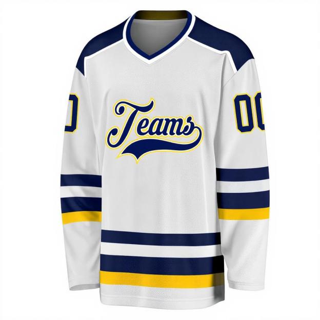 Custom White & Navy/Yellow Hockey Jersey