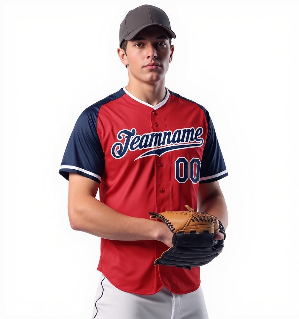 Custom Red & White/Navy Raglan Sleeves Baseball Jersey