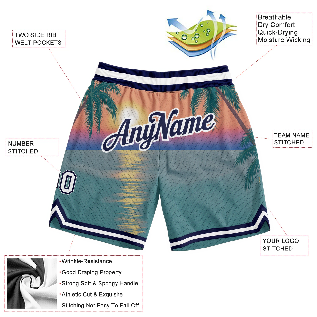 Custom 3D Pattern Lake Blue & Navy/White Hawaii Throwback Shorts
