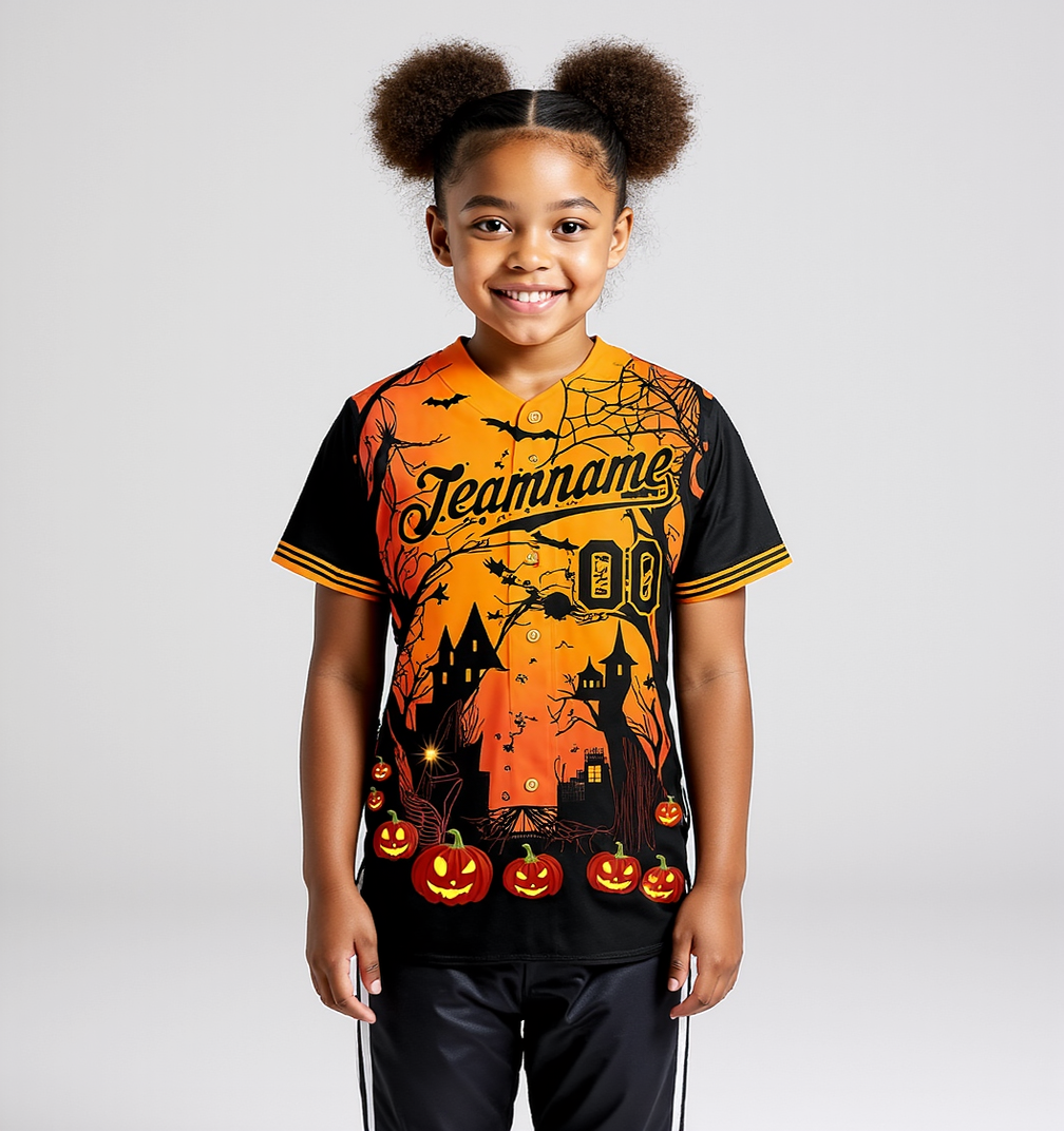 Custom Orange&Black 3D Pattern Halloween Pumpkins Bats Baseball Jersey