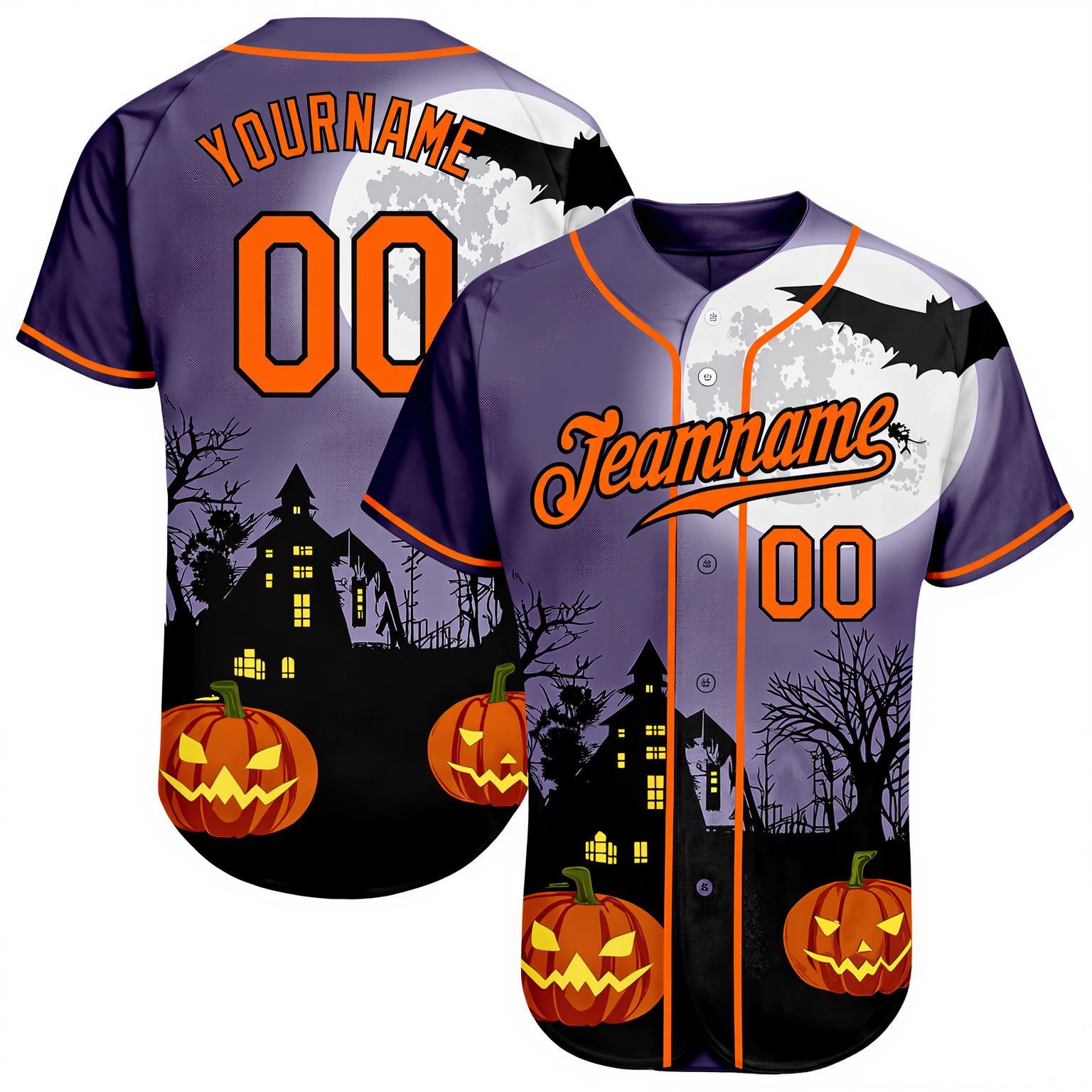 Custom Purple & Orange/Black 3D Pattern Halloween Pumpkins Bats Baseball Jersey