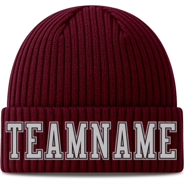 Custom Burgundy & Grey/Black Stitched Cuffed Knit Hat