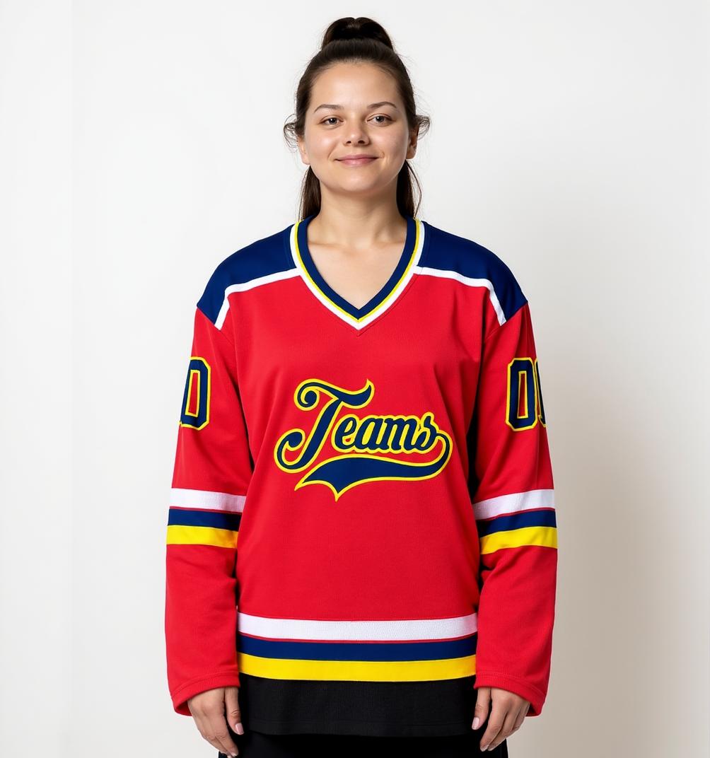 Custom Red & Navy/Gold Hockey Jersey
