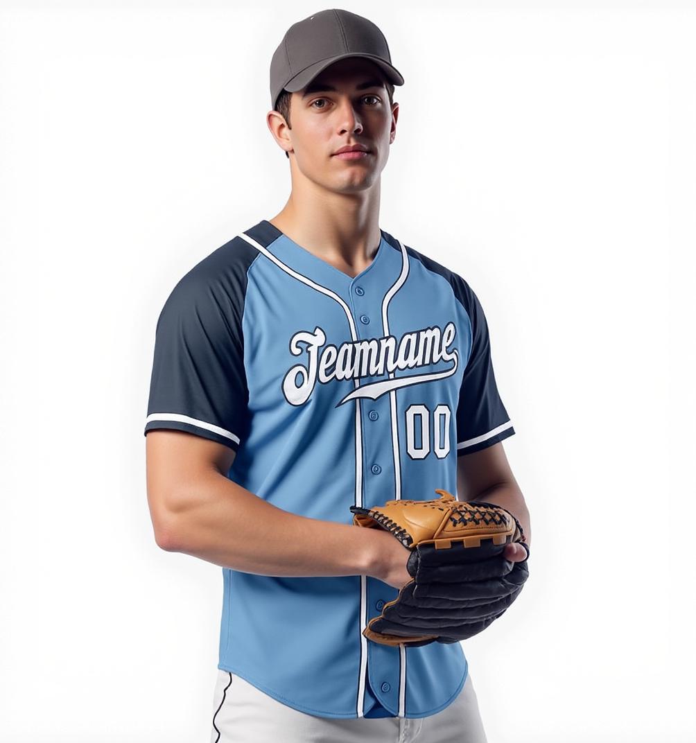 Custom Blue & White/Navy Raglan Sleeves Baseball Jersey