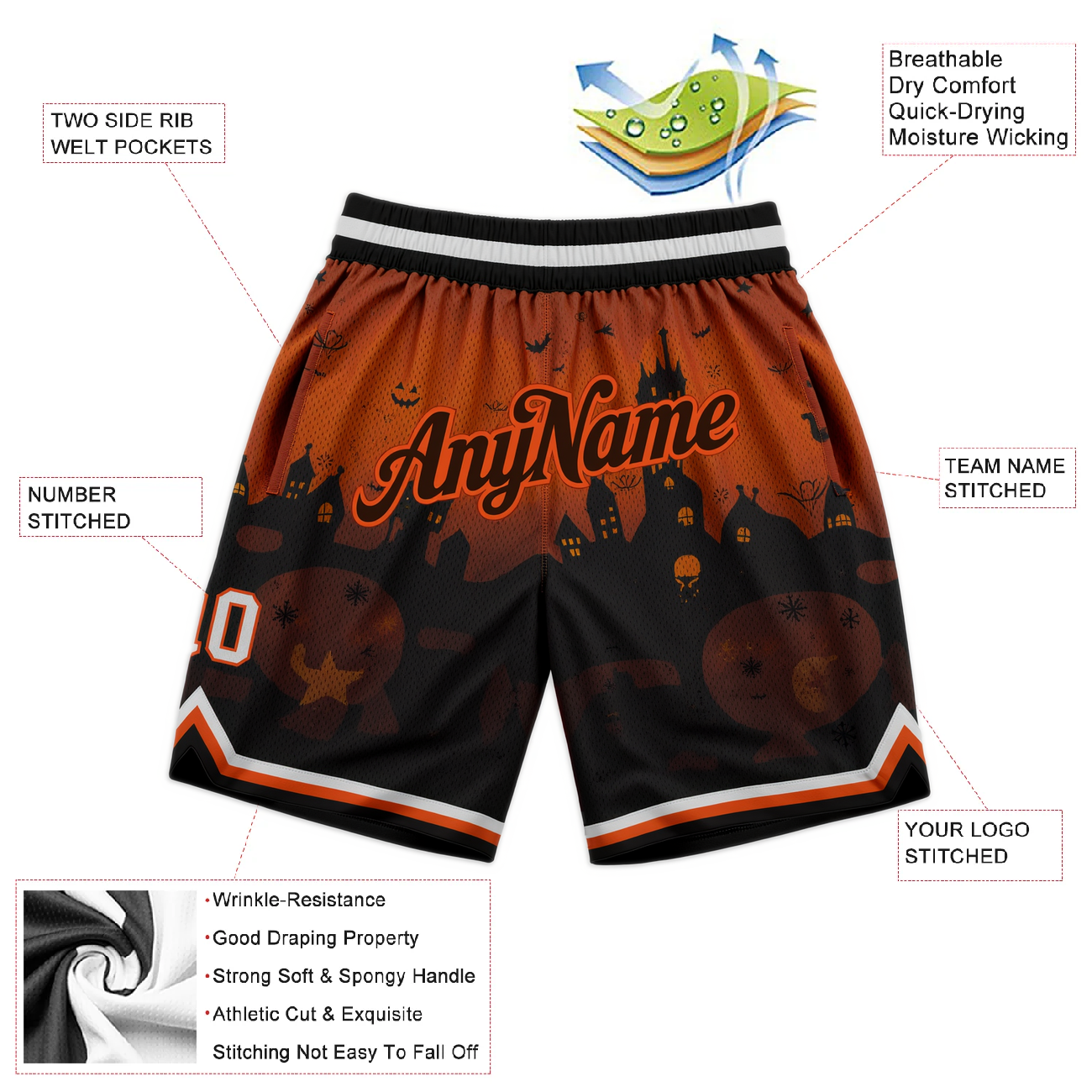 Custom 3D Pattern Black & Orange/White Halloween Throwback Shorts