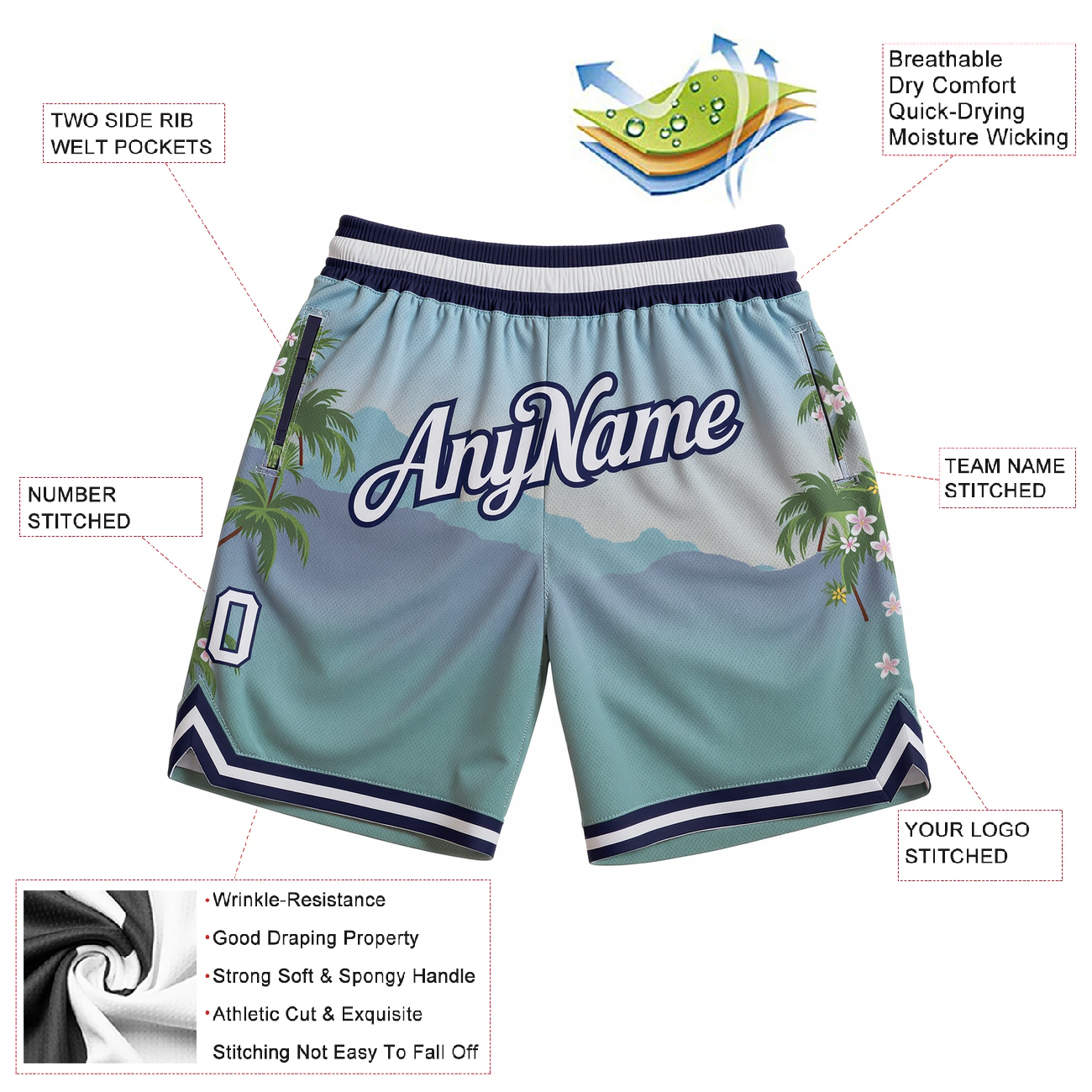 Custom 3D Pattern Lake Blue & White/Black Hawaii Throwback Shorts
