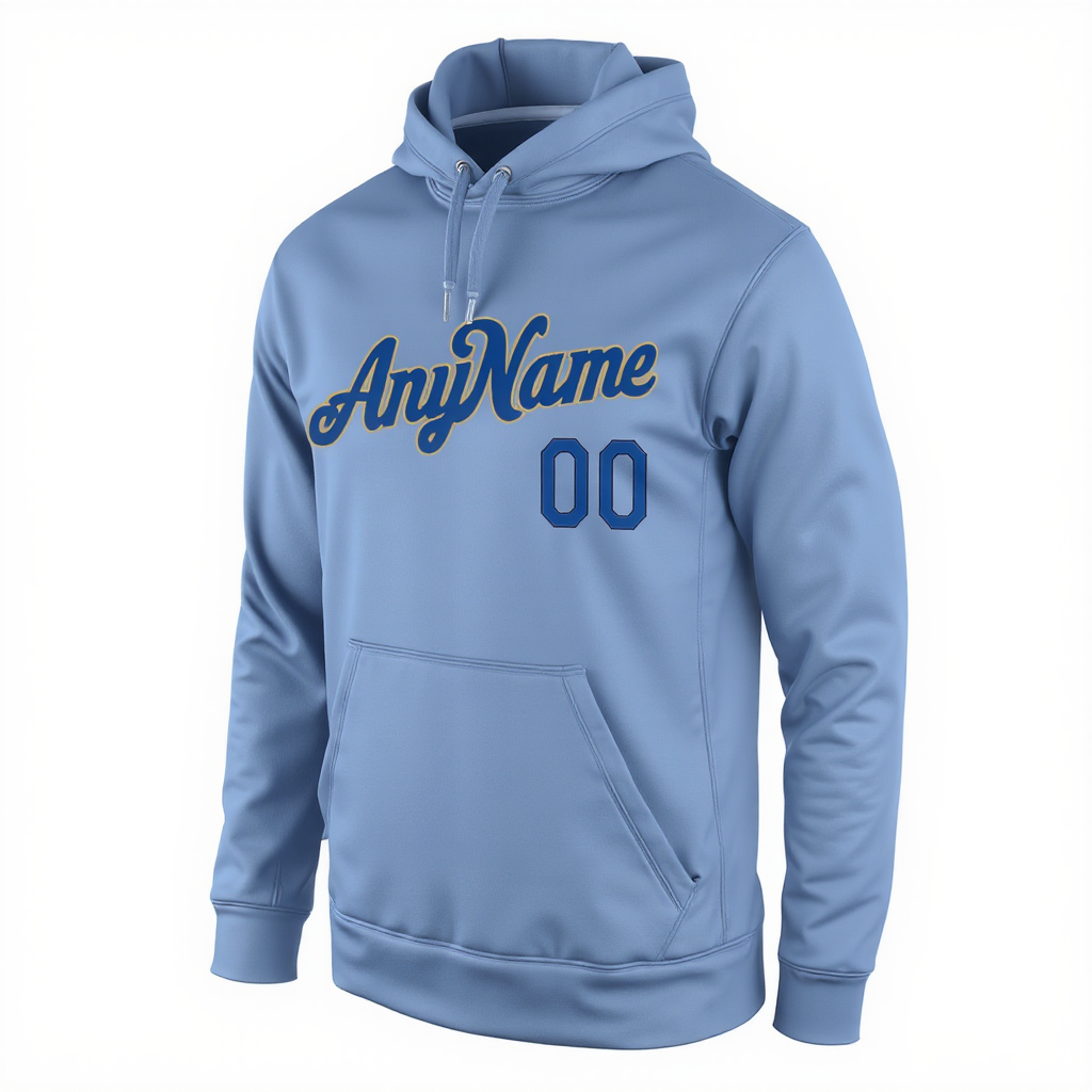 Custom Light Blue & Royal/Gold Pullover Sports Sweatshirt Hoodie