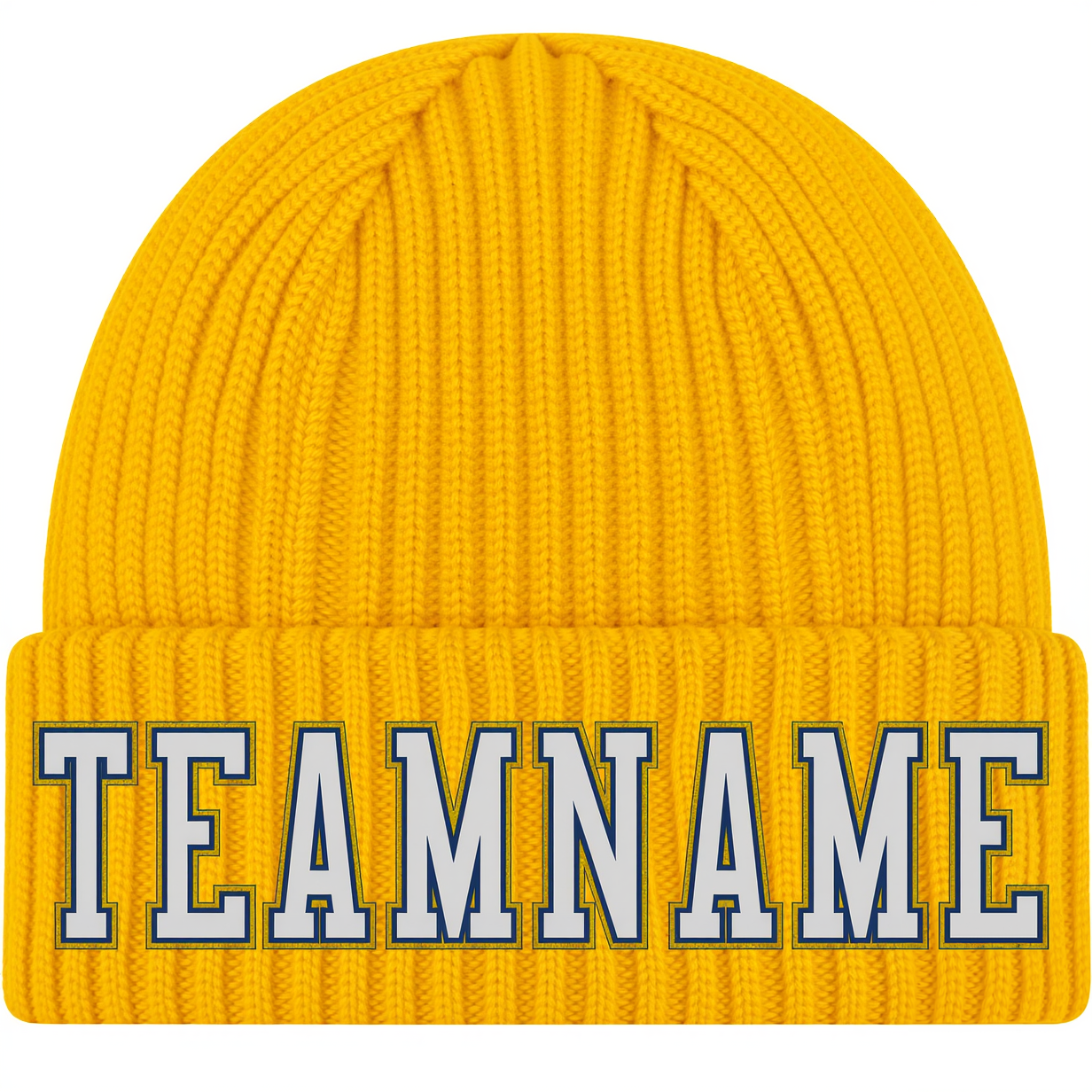 Custom Yellow & White/Royal Blue Stitched Cuffed Knit Hat