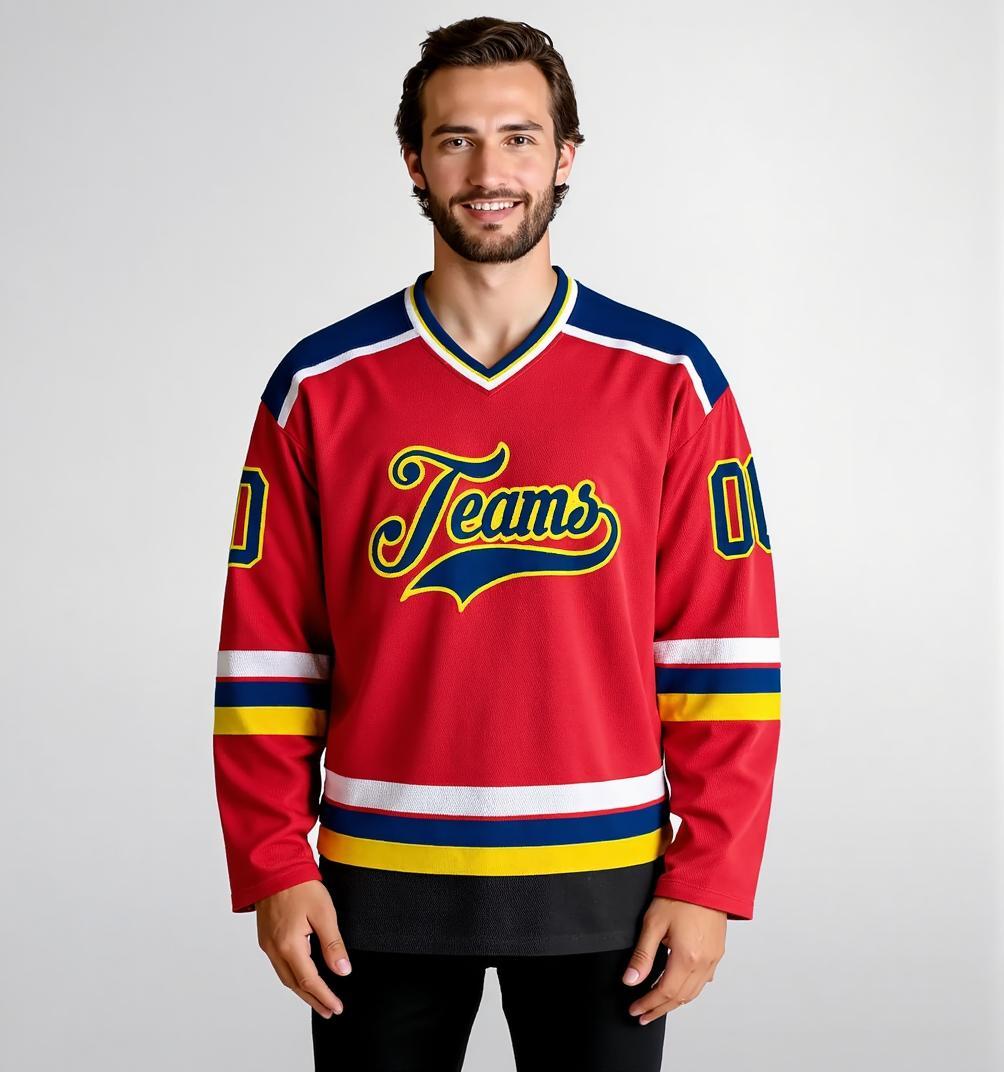 Custom Red & Navy/Gold Hockey Jersey