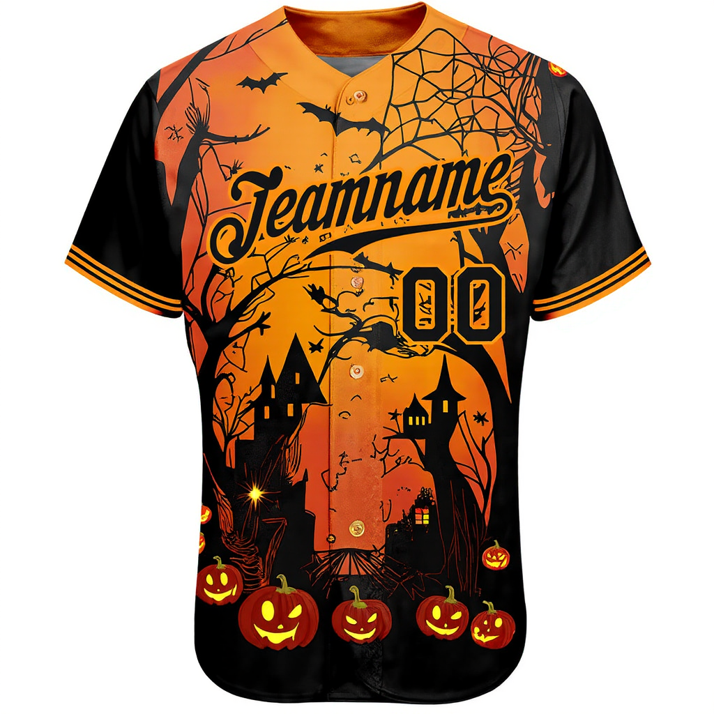 Custom Orange&Black 3D Pattern Halloween Pumpkins Bats Baseball Jersey