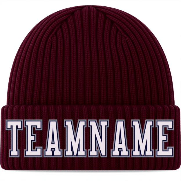 Custom Burgundy & White/Grey Stitched Cuffed Knit Hat