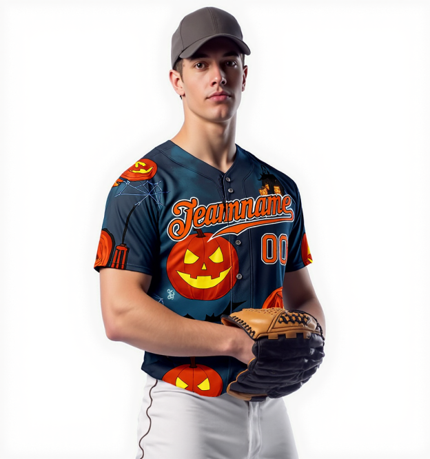 Custom Navy & Orange/Black 3D Pattern Halloween Pumpkins Bats Baseball Jersey