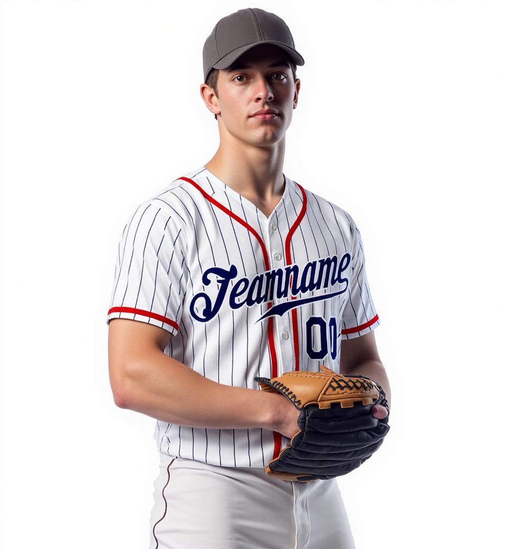 Custom Black Pinstripes Navy&Red Baseball Jersey