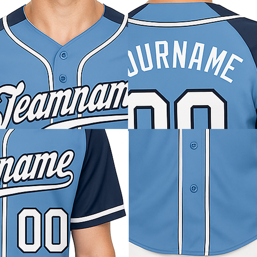 Custom Blue & White/Navy Raglan Sleeves Baseball Jersey