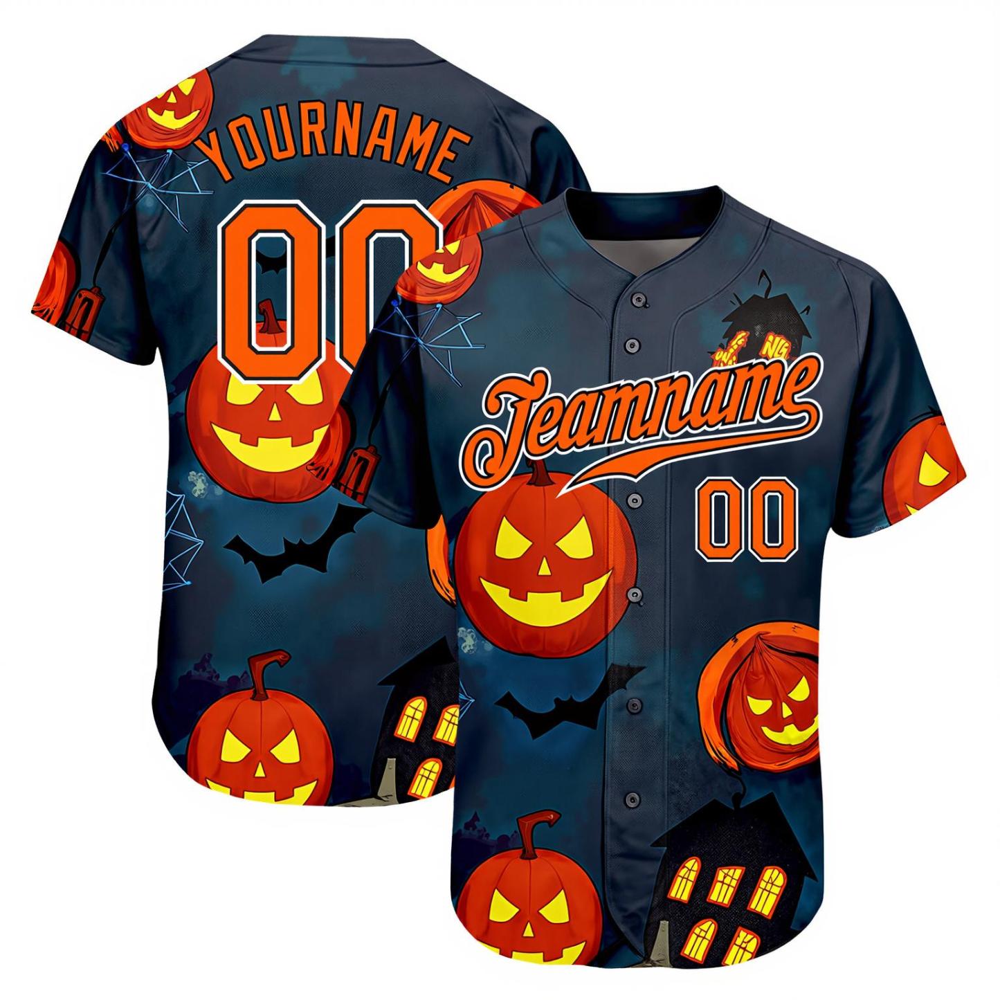 Custom Navy & Orange/Black 3D Pattern Halloween Pumpkins Bats Baseball Jersey